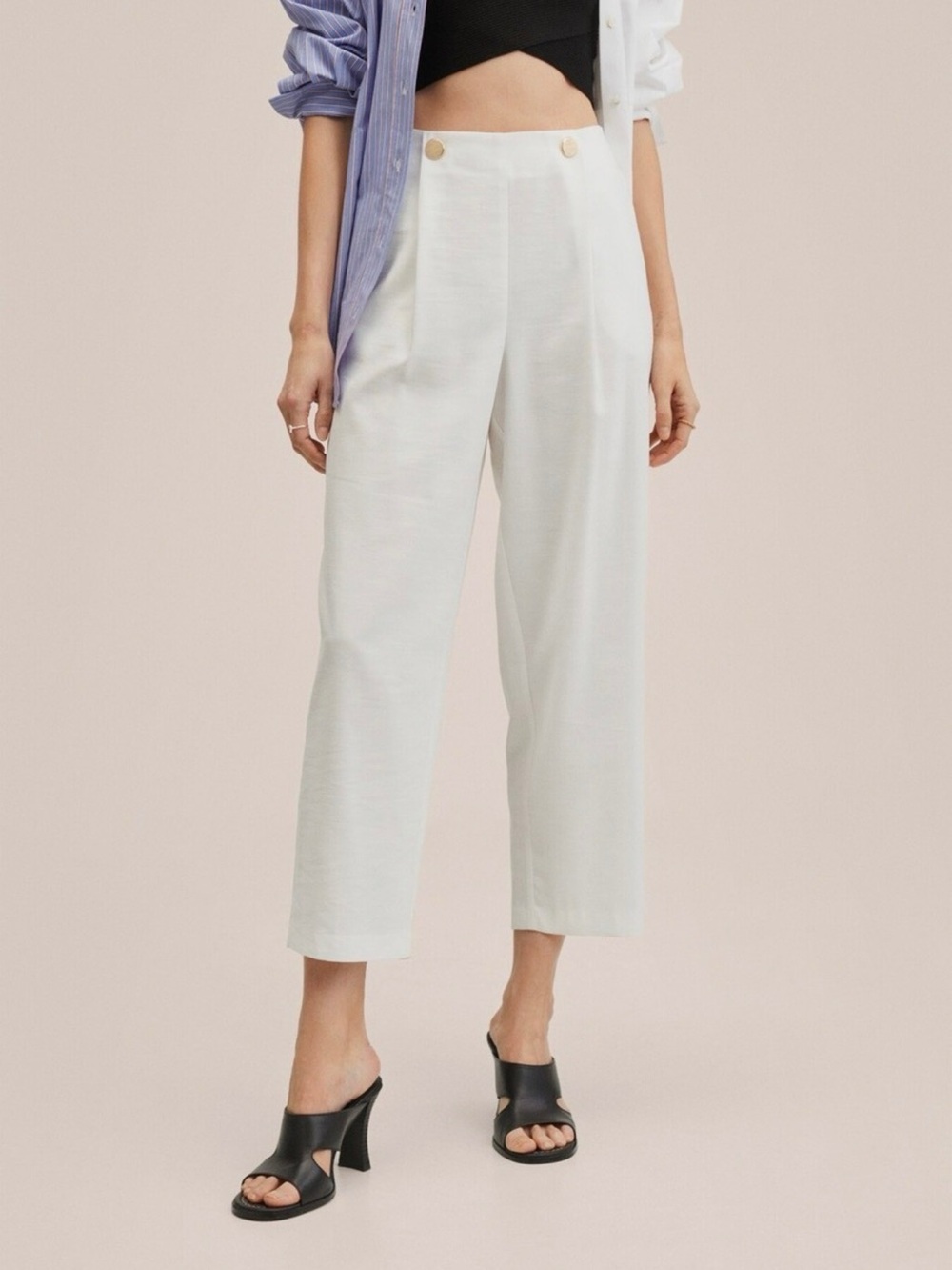 Mango White High-Rise Cropped Wide-Leg Pants with Button Detail